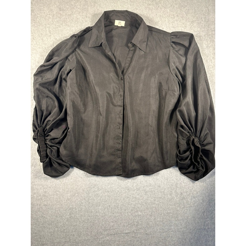 Girl Soul Black Puff Sleeve Button Down Blouse Ruched Cuffs XL Solid Top